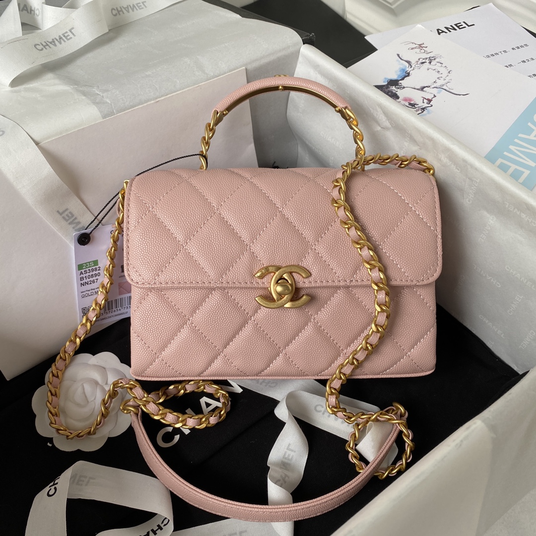 Top Handle Mini Grained Calfskin Flap Chain Handbag Shoulder Bag AS3982 Pink